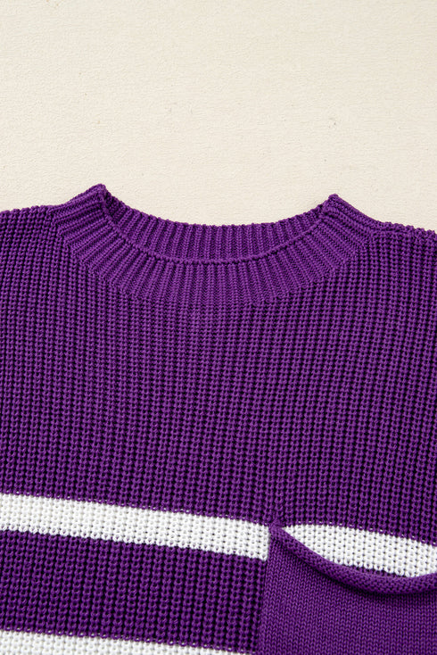 Striped Raw Edge Patch Pocket Drop Shoulder Short Sleeve Sweater